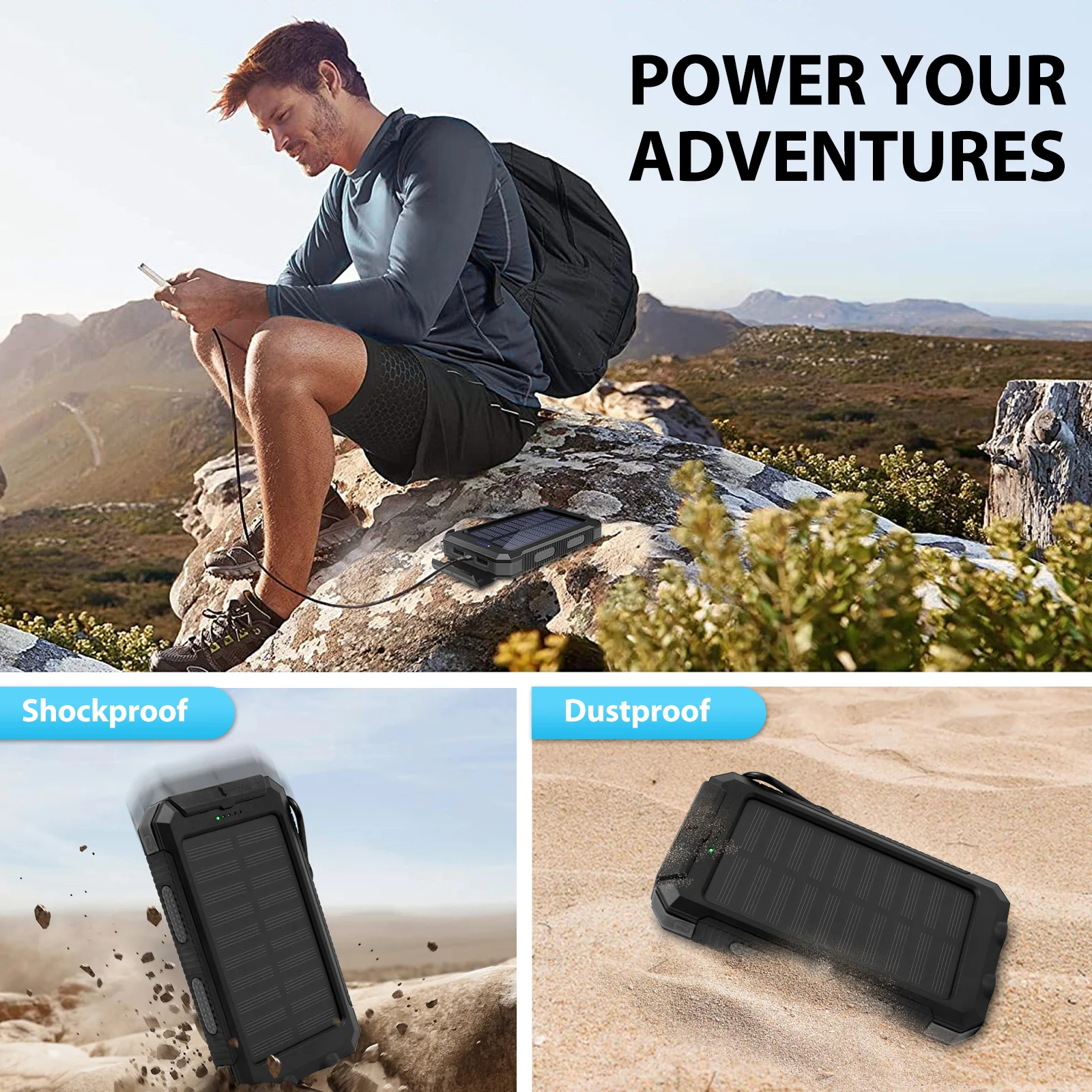 30000mAh Solar Power Bank with Dual USB Ports & Dual LED Flashlight - Image 5