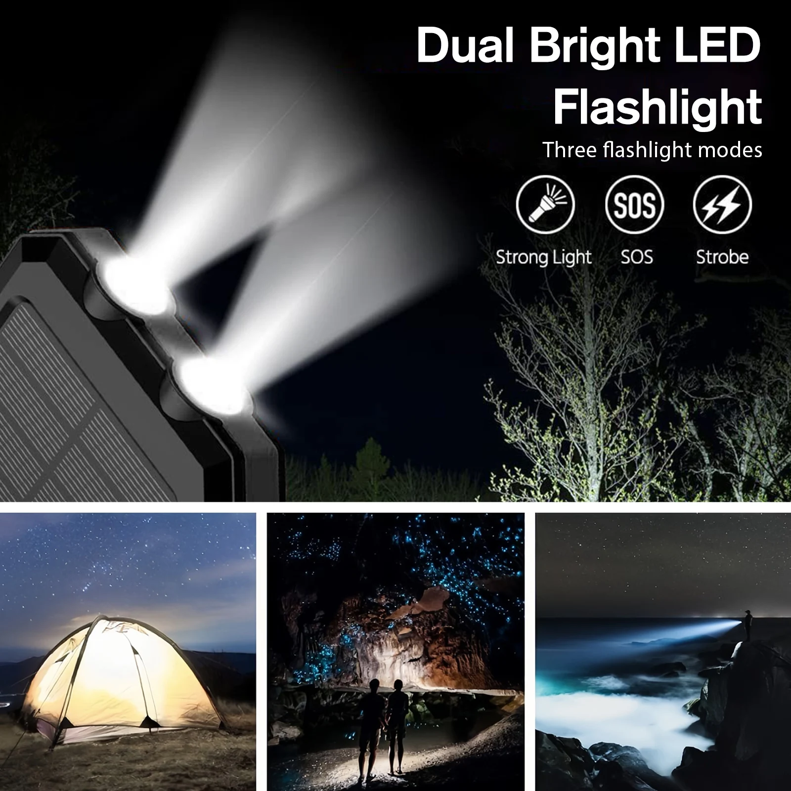 30000mAh Solar Power Bank with Dual USB Ports & Dual LED Flashlight - Image 3